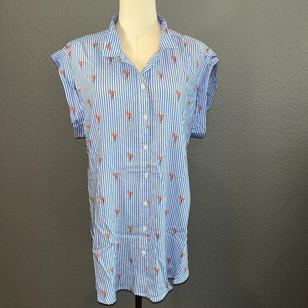 PER SE Blue White Stripe Flamingo Button Tunic Top Coverup Blouse NWT Women's XL
